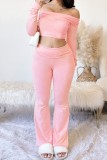 Pink Casual Solid Color Ruched Off Shoulder Long Sleeve Two Pieces