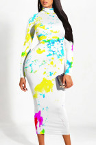Multicolor Street Elegant Floral Print Contrast Half A Turtleneck Printed Dresses