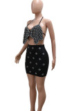 Black Sexy Solid Color Patchwork Backless Hot Drill Halter Sleeveless Two Pieces