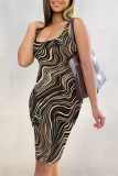 Red Pink Sexy Street Geometric Print Gradient Color Contrast U Neck Printed Dresses
