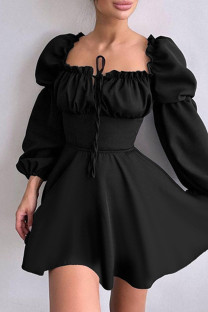 Black Sexy Solid Color Patchwork Ruched Strap Design Square Neck A Line Dresses