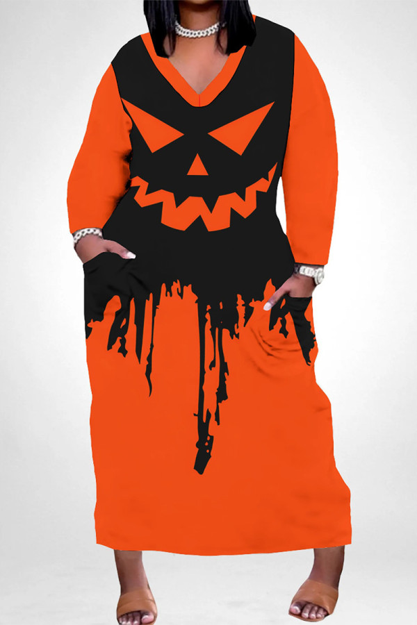 Tangerine Red Casual Street Skull Graffiti Print Pocket Contrast V Neck Printed Plus Size Dresses