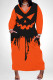 Tangerine Red Casual Street Skull Graffiti Print Pocket Contrast V Neck Printed Plus Size Dresses