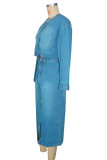 Blue Street Solid Color Pocket Buckle Patchwork Slit Zipper O Neck Long Sleeve Two Pieces