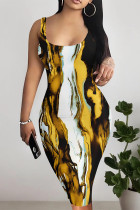 Multicolor Sexy Street Geometric Print Gradient Color Contrast U Neck Printed Dresses