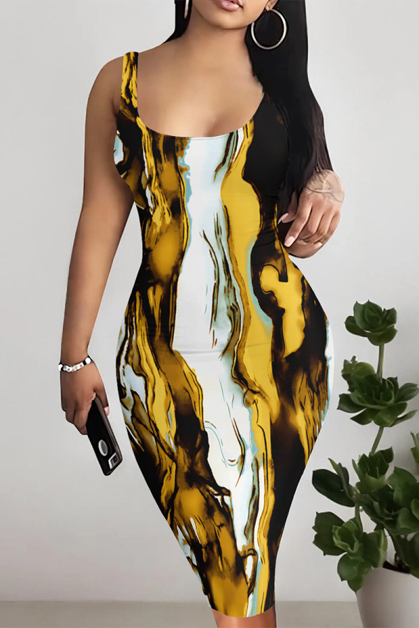 Multicolor Sexy Street Geometric Print Gradient Color Contrast U Neck Printed Dresses