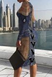 Multicolor Casual Street Faux Denim Print Contrast O Neck Printed Dresses