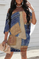 Blue Coffee Sexy Street Faux Denim Print Contrast Off Shoulder Irregular Dresses