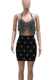 Black Sexy Solid Color Patchwork Backless Hot Drill Halter Sleeveless Two Pieces