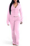 Pink Casual Solid Color Zipper Hooded Long Sleeve Two Pieces