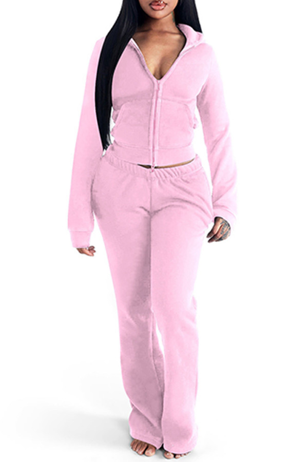 Pink Casual Solid Color Zipper Hooded Long Sleeve Two Pieces