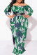 Dark Green Sexy Floral Print Contrast Off Shoulder Printed Plus Size Dresses(No Belt)