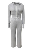Grey Casual Solid Color Draw String Patchwork Zipper Zipper Collar Long Sleeve Two Pieces