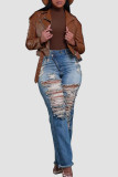 Blue Street Solid Color Ripped Buttons Patchwork Zipper Mid Waist Regular Denim Jeans