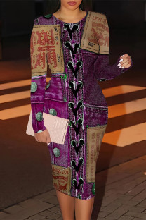 Purple Casual Street Faux Denim Print Contrast O Neck Printed Dresses