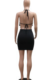Black Sexy Solid Color Patchwork Backless Hot Drill Halter Sleeveless Two Pieces