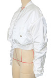 White Casual Pocket Patchwork Zipper Zipper Collar Outerwear
