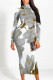 White Grey Street Elegant Floral Print Contrast Half A Turtleneck Printed Dresses