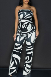 Black Casual Print Backless Slit Strapless Sleeveless Two Pieces