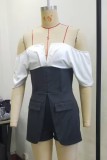 Black Sexy Elegant Patchwork Backless Contrast Off Shoulder Fitted Rompers