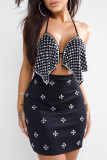 Black Sexy Solid Color Patchwork Backless Hot Drill Halter Sleeveless Two Pieces