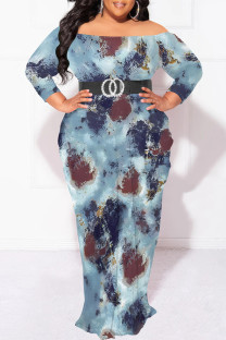 Blue Sexy Floral Print Contrast Off Shoulder Printed Plus Size Dresses(No Belt)