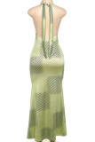 Yellow Elegant Stripe Patchwork Backless Strap Design Turtleneck Long Dresses