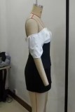 Black Sexy Elegant Patchwork Backless Contrast Off Shoulder Fitted Rompers