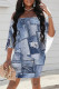 Baby Blue Sexy Street Faux Denim Print Contrast Off Shoulder Irregular Dresses