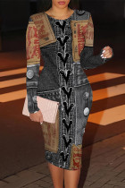 Blue Black Casual Street Faux Denim Print Contrast O Neck Printed Dresses