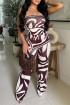 Reddish Brown Casual Print Backless Slit Strapless Sleeveless Two Pieces
