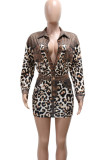 Leopard Print Sexy Leopard Print Buckle Patchwork Turndown Collar Long Sleeve Two Pieces