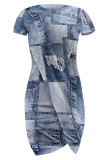 Multicolor Casual Street Faux Denim Print Irregular Contrast O Neck Irregular Short Sleeve Dress
