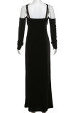 Black Sexy Solid Color Lace Hollow Out Patchwork See-Through Backless Halter Long Dresses