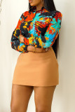 Multicolor Casual Print Buckle Patchwork Shirt Collar Tops