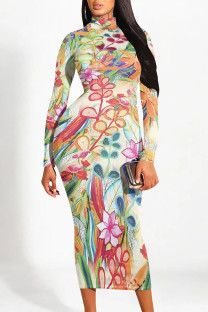 Cream White Street Elegant Floral Print Contrast Half A Turtleneck Printed Dresses