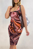 Red Pink Sexy Street Geometric Print Gradient Color Contrast U Neck Printed Dresses