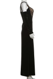 Black Sexy Solid Color Lace Hollow Out Patchwork See-Through Backless Halter Long Dresses