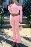 Pink Casual Solid Color Ruched Off Shoulder Long Sleeve Two Pieces