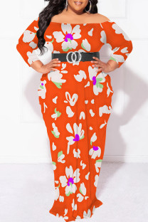 Orange Sexy Floral Print Contrast Off Shoulder Printed Plus Size Dresses(No Belt)