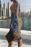 Multicolor Casual Street Faux Denim Print Contrast O Neck Printed Dresses