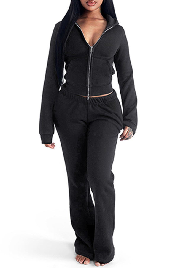 Black Casual Solid Color Zipper Hooded Long Sleeve Two Pieces