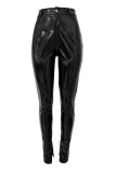 Black Street Solid Color Buttons Patchwork Slit Zipper Skinny Mid Waist Pencil Patchwork Bottoms