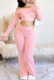 Pink Casual Solid Color Ruched Off Shoulder Long Sleeve Two Pieces