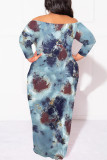 Orange Sexy Floral Print Contrast Off Shoulder Printed Plus Size Dresses(No Belt)