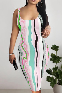 Light Pink Sexy Street Geometric Print Gradient Color Contrast U Neck Printed Dresses