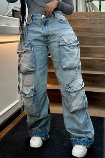 Blue Street Solid Color Pocket Buttons Patchwork Zipper Mid Waist Loose Denim Jeans