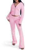 Pink Casual Solid Color Zipper Hooded Long Sleeve Two Pieces