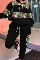 Green Casual Camouflage Print Patchwork Hooded Long Sleeve Two Pieces
