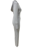 Grey Casual Solid Color Draw String Patchwork Zipper Zipper Collar Long Sleeve Two Pieces
